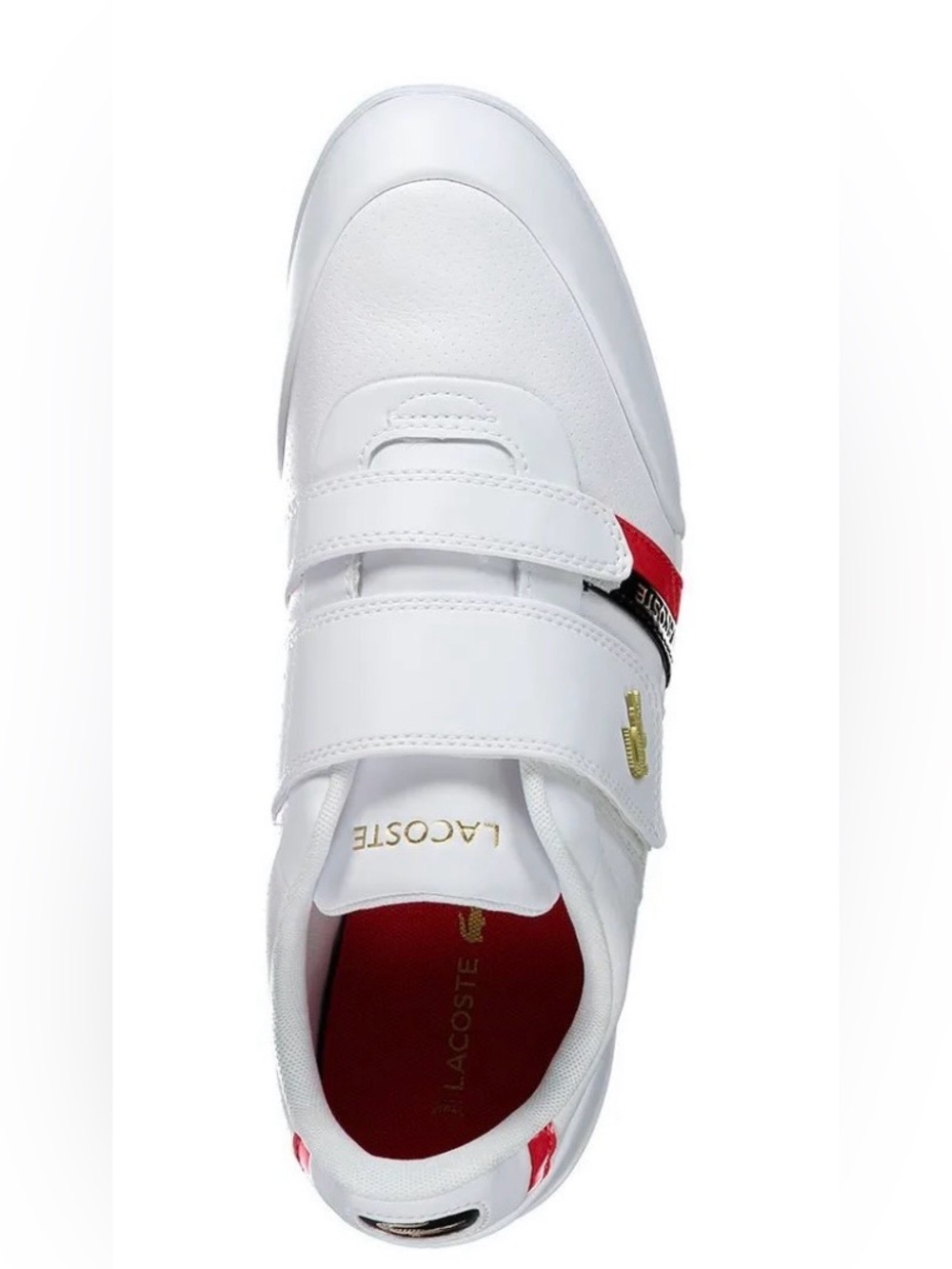 Lacoste White Leather Velcro Sneaker with Red and Black Stripes
